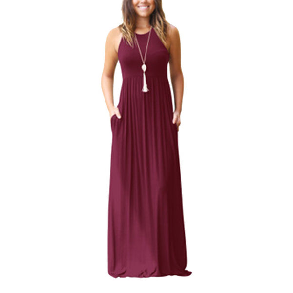Slim Women Pure Color Racerback Loose Plain Maxi Dresses Swing Casual Long Dresses With Pockets