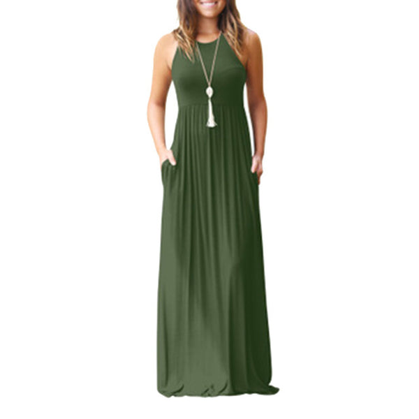 Slim Women Pure Color Racerback Loose Plain Maxi Dresses Swing Casual Long Dresses With Pockets