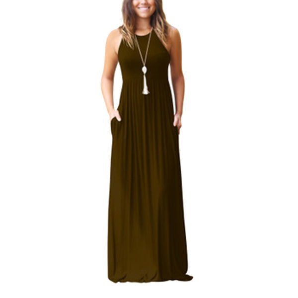 Slim Women Pure Color Racerback Loose Plain Maxi Dresses Swing Casual Long Dresses With Pockets