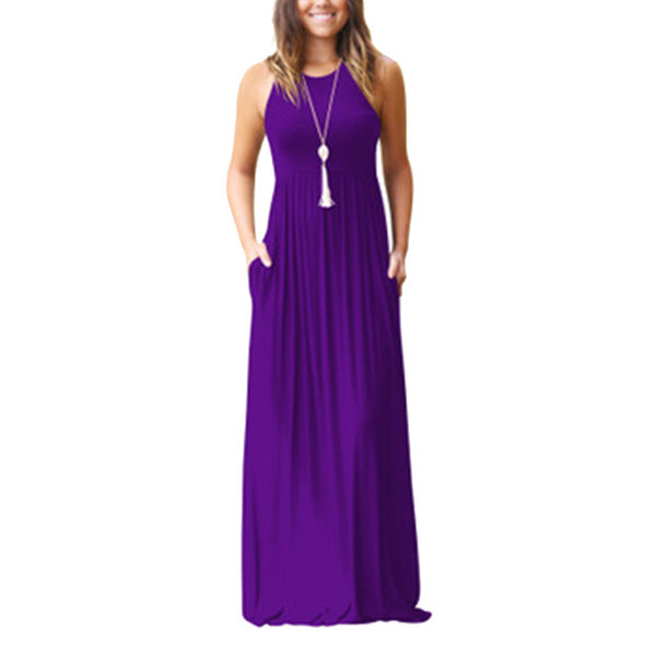 Slim Women Pure Color Racerback Loose Plain Maxi Dresses Swing Casual Long Dresses With Pockets
