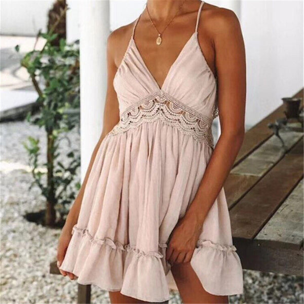 Sexy Crochet Lace Backless V Neck Summer Dress Women Strap Sleeveless Hollow Out Short Dress Casual Beach Party Dresses
