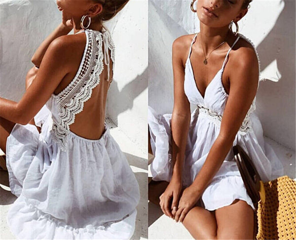 Sexy Crochet Lace Backless V Neck Summer Dress Women Strap Sleeveless Hollow Out Short Dress Casual Beach Party Dresses