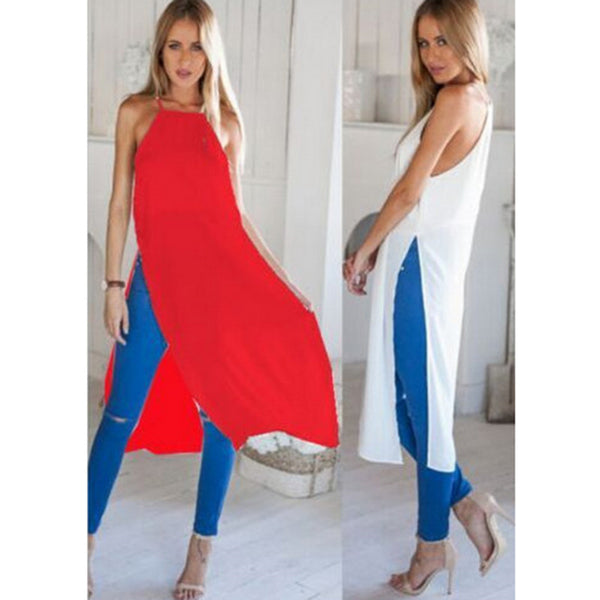 Sexy New Summer Autumn Fashion Sexy Sleeveless solid Casual Loose Long Cami Shirt Split Dress