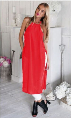 Sexy New Summer Autumn Fashion Sexy Sleeveless solid Casual Loose Long Cami Shirt Split Dress