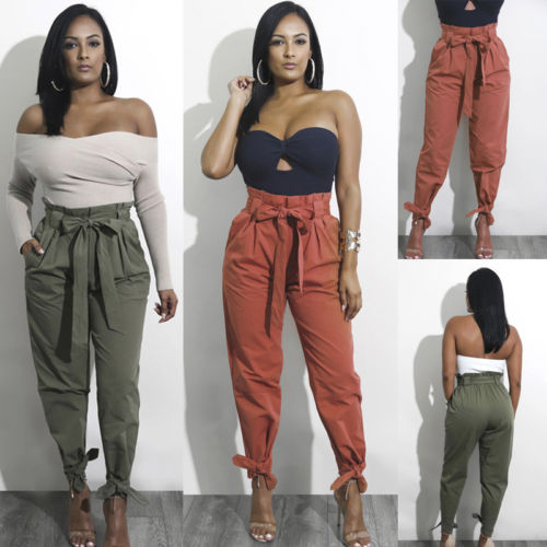 Women Chiffon High Waist Harem Pants Bow Tie Drawstring Sweet Elastic Waist Pockets Casual Trousers