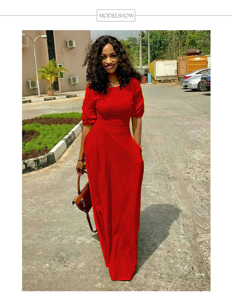 Women Flare Sleeve Long Maxi Dress with Pocket Floor Length Casual Dress Elegant Daily Evening Loose Fit Dress