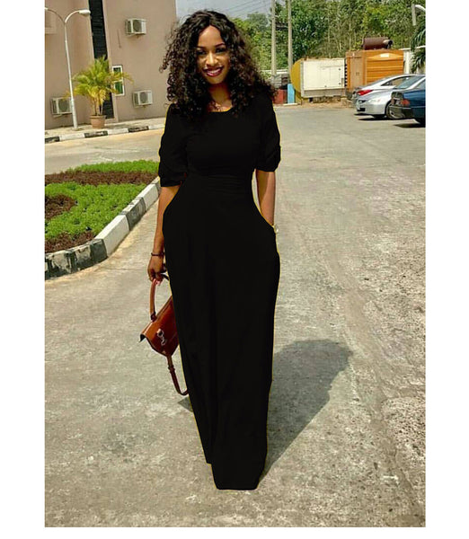 Women Flare Sleeve Long Maxi Dress with Pocket Floor Length Casual Dress Elegant Daily Evening Loose Fit Dress