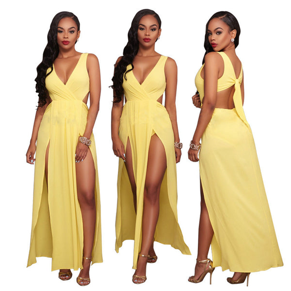 Sexy V Neck Sleeveless Dress Yellow Slits Dress
