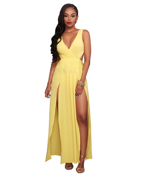 Sexy V Neck Sleeveless Dress Yellow Slits Dress