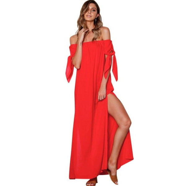 Solid Sleeveless  Fashion Women's Summer Pure Slash Neck Bow Dress Floor-Length Dress