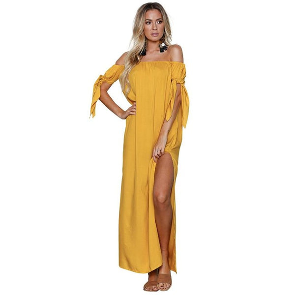 Solid Sleeveless  Fashion Women's Summer Pure Slash Neck Bow Dress Floor-Length Dress