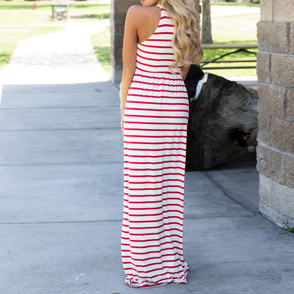 Women Sexy Sleeveless Beach Backless Striped Floor Length Evening Party Long Casual Maxi Dress
