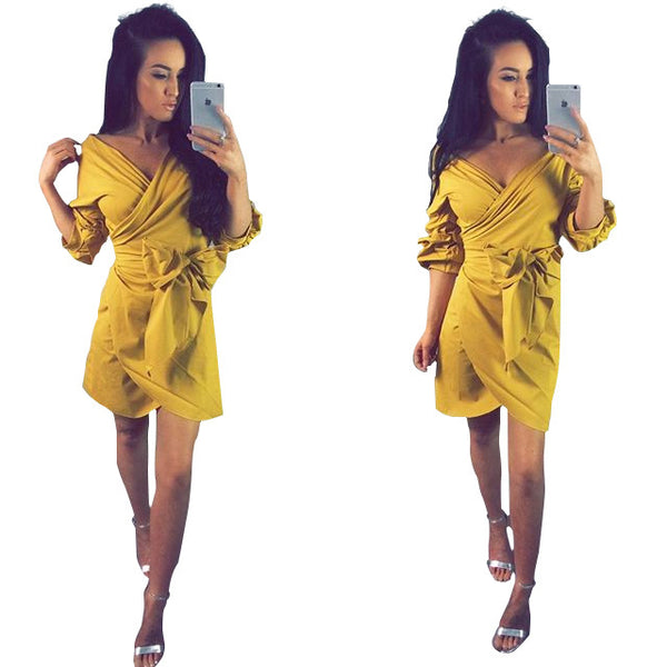 Woman Long Flare Sleeve Bodycon Sexy Slim Mini Dress