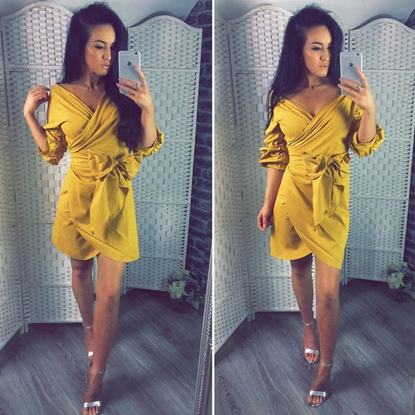 Woman Long Flare Sleeve Bodycon Sexy Slim Mini Dress