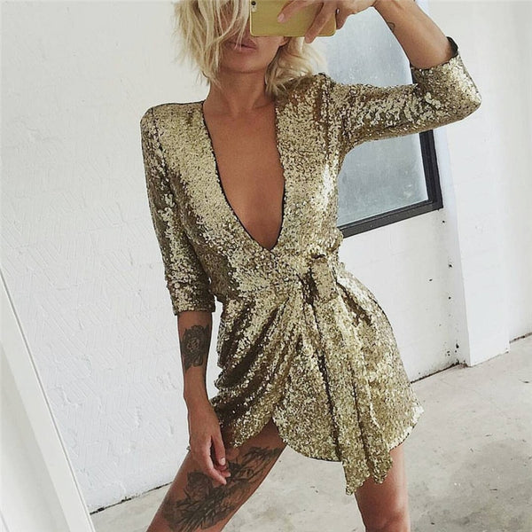 Sequin Women Deep V Neck Sexy Dress