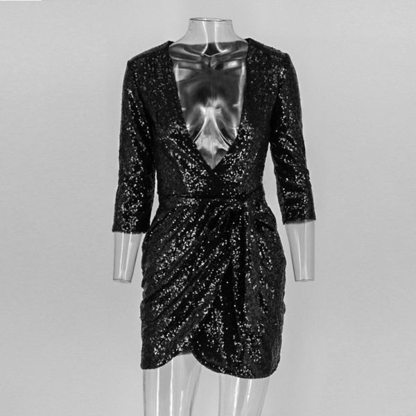 Sequin Women Deep V Neck Sexy Dress
