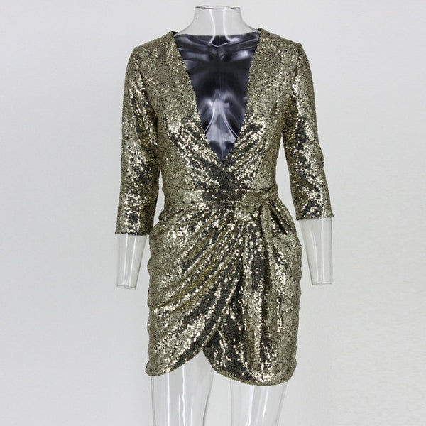 Sequin Women Deep V Neck Sexy Dress