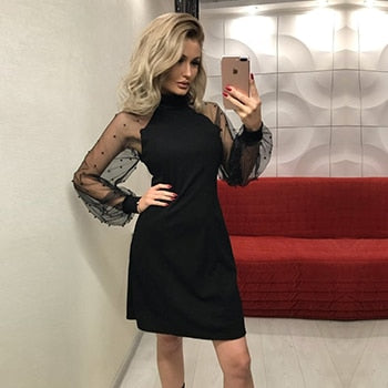 Elegant Women Mesh Sleeve Form Fitting Solid Dress Long Sleeve Mini Party Dress