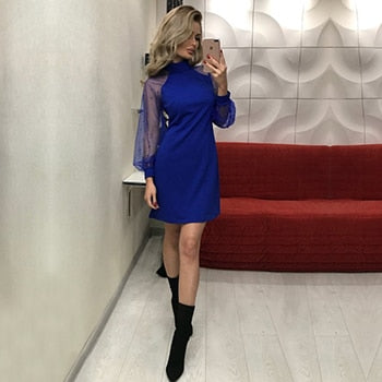 Elegant Women Mesh Sleeve Form Fitting Solid Dress Long Sleeve Mini Party Dress