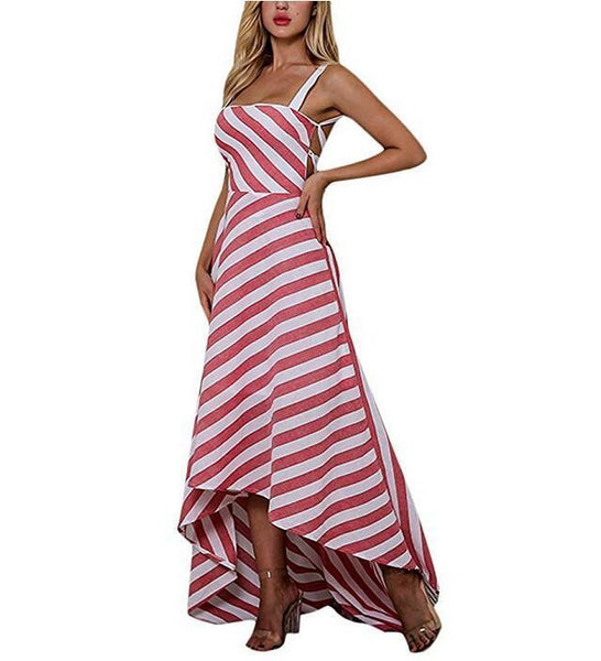 Striped Sleeveless Long Striped Cross Lace Up Dress