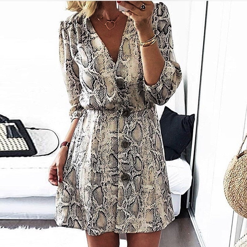 Snakeskin Printed High Street A-line V-neck Half Sleeve Button Casual Dress