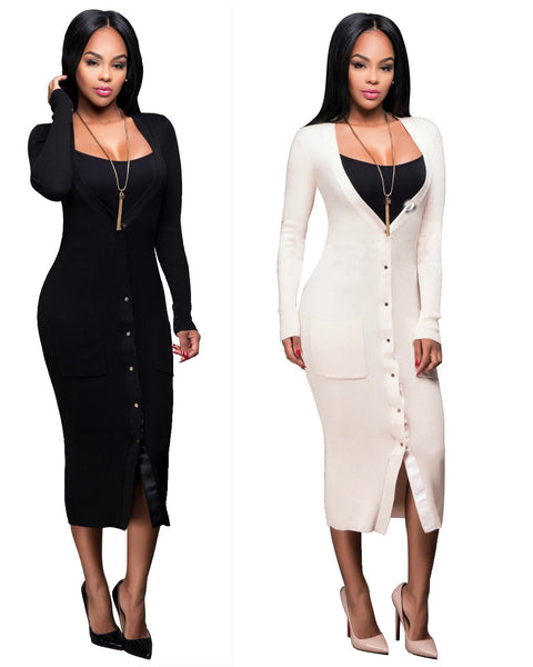Sexy Knitted Casual Full Sleeve V-neck Long Cardigan Dress