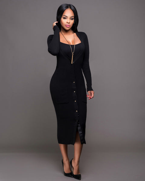 Sexy Knitted Casual Full Sleeve V-neck Long Cardigan Dress