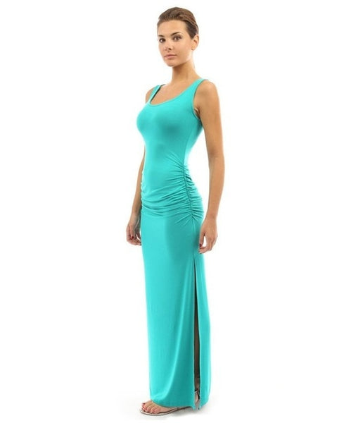 Sexy O Neck Slim Pleated Solid Side Slit Skinny Dress