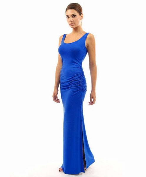 Sexy O Neck Slim Pleated Solid Side Slit Skinny Dress