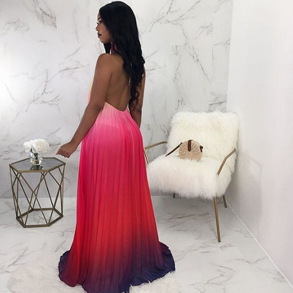 Sleeveless Halter Sexy Pleated Long Chiffon Dress