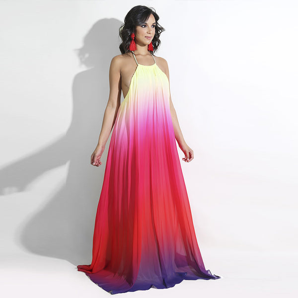 Sleeveless Halter Sexy Pleated Long Chiffon Dress