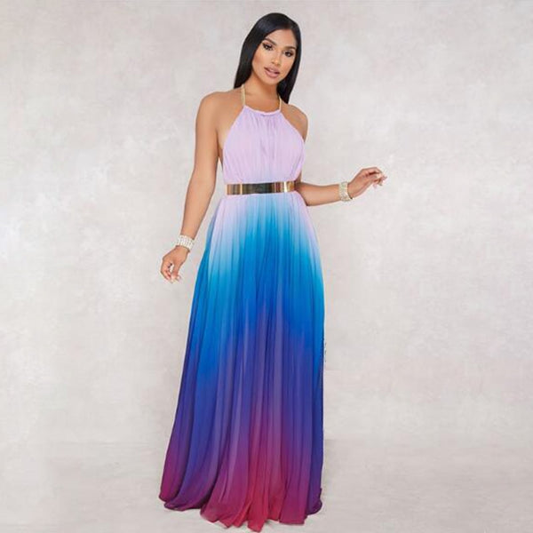 Sleeveless Halter Sexy Pleated Long Chiffon Dress