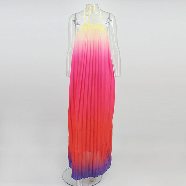 Sleeveless Halter Sexy Pleated Long Chiffon Dress