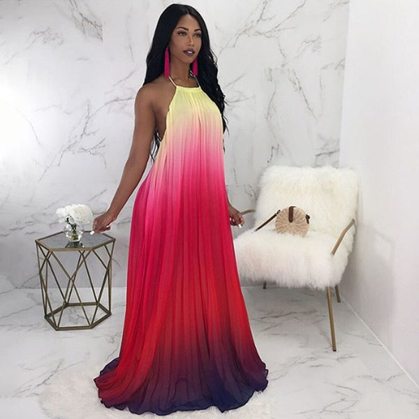Sleeveless Halter Sexy Pleated Long Chiffon Dress
