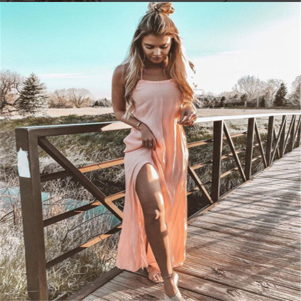 Boho Halter Backless Slit Asymmetrical Sleeveless Solid Beach Women Dresses
