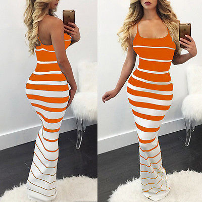 Women Striped Skinny Casual Long Bodycon Dress