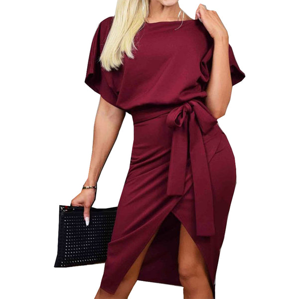 Casual Belted Sash Short Sleeve O Neck Solid Dress