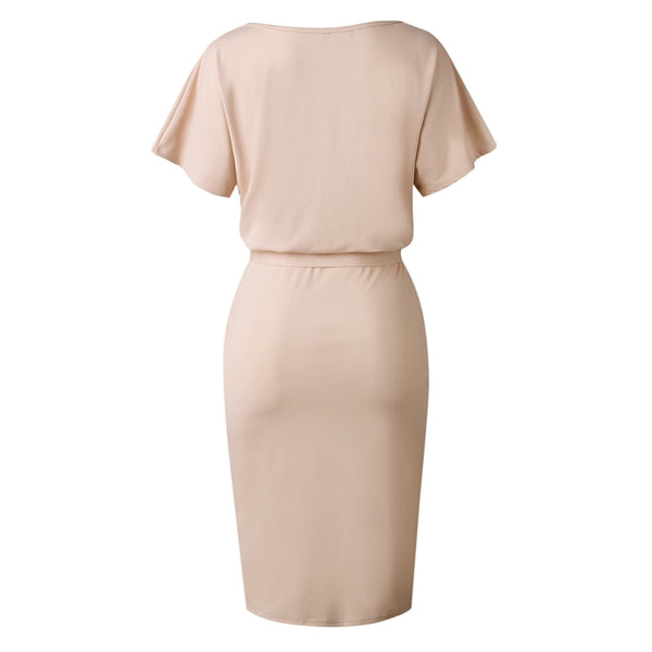Casual Belted Sash Short Sleeve O Neck Solid Dress