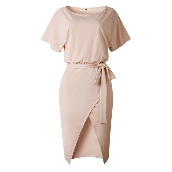 Casual Belted Sash Short Sleeve O Neck Solid Dress