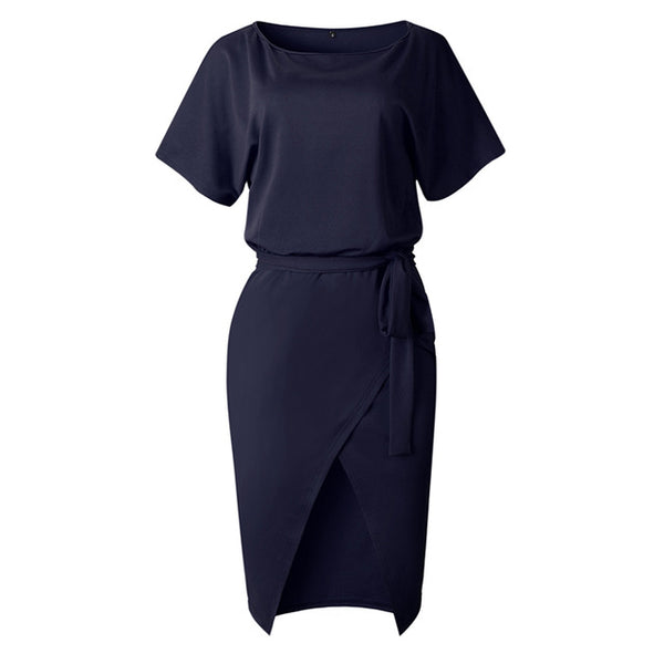Casual Belted Sash Short Sleeve O Neck Solid Dress