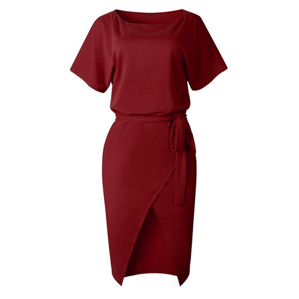 Casual Belted Sash Short Sleeve O Neck Solid Dress