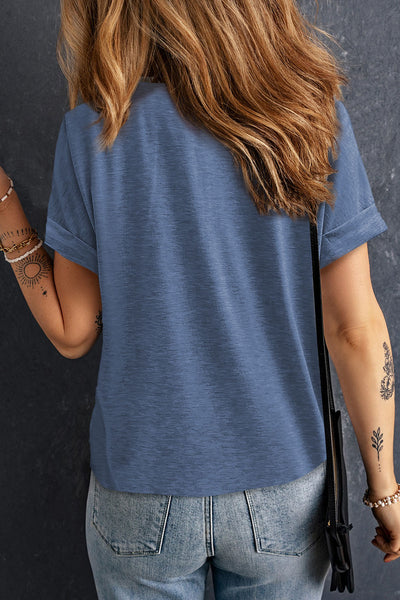 Buttoned V-Neck Cuffed Tee