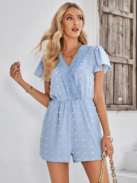 Swiss Dot Lace Trim Flutter Sleeve Romper with Pockets