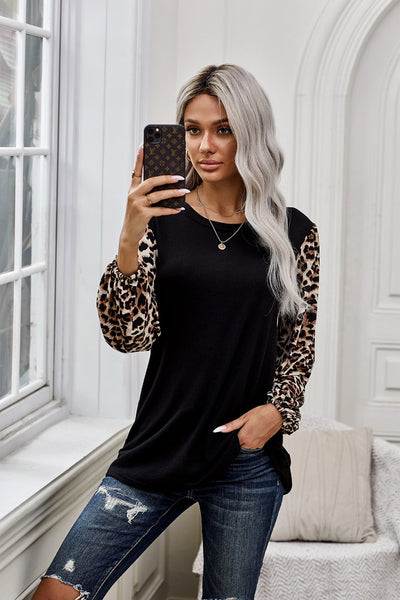 Leopard Long Sleeve Round Neck Top