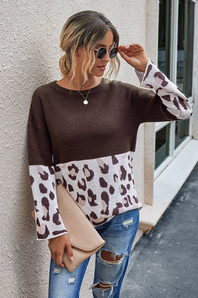 Leopard Color Block Crewneck Sweater