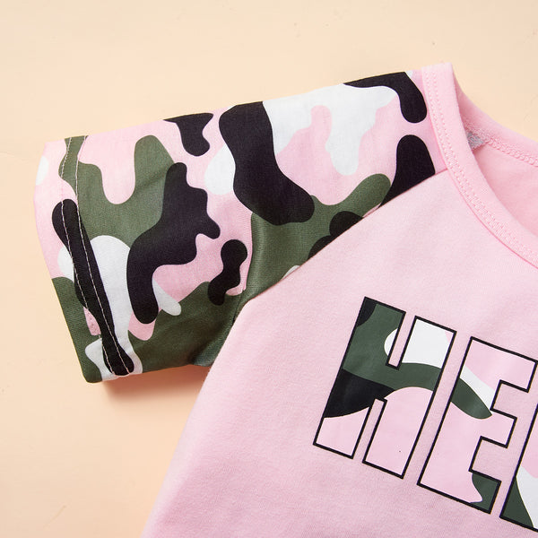 Kids HELLO GIRL Printed Raglan Sleeve Tee and Shorts Set