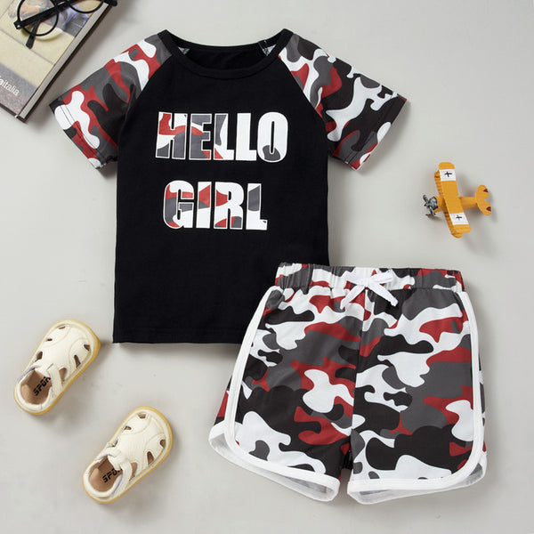 Kids HELLO GIRL Printed Raglan Sleeve Tee and Shorts Set