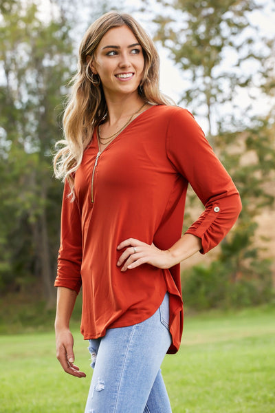Plus Size Spiced Cider Full Size ITY Knit Quarter-Zip Three-Quarter Sleeve Top