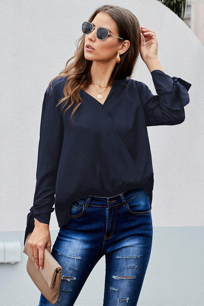V Neck Ruched Tie Sleeve Top
