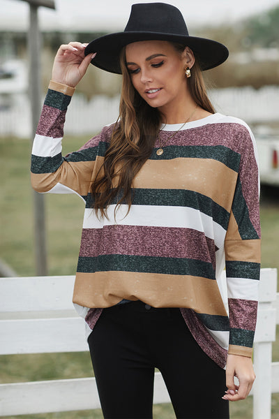 Colorful Stripe Round Neck Tunic Top
